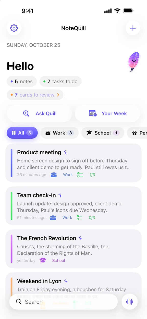 NoteQuill home screen: notes sorted by workspace (Work, School, Personal)