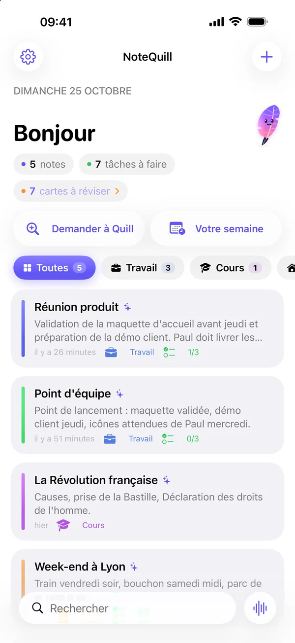 Écran d’accueil de NoteQuill : des notes classées par workspace (Travail, Cours, Perso)