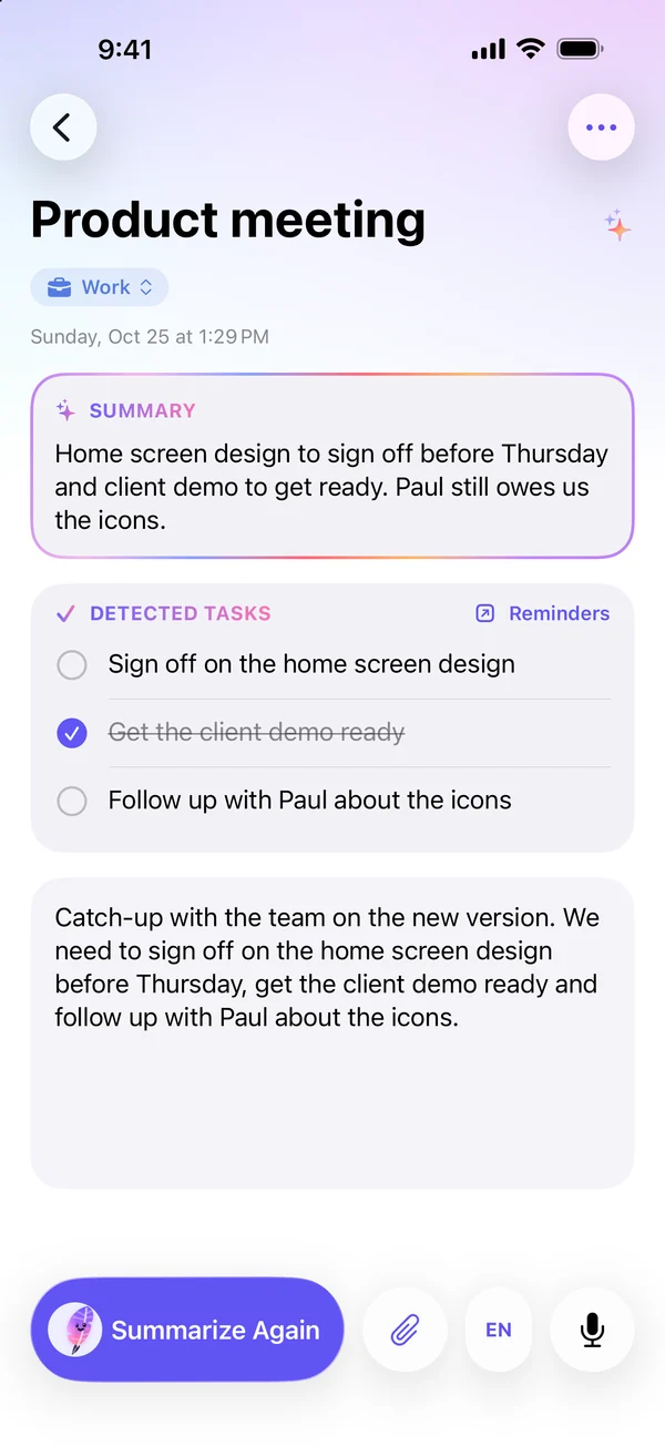 “Product meeting” note with its summary and detected tasks