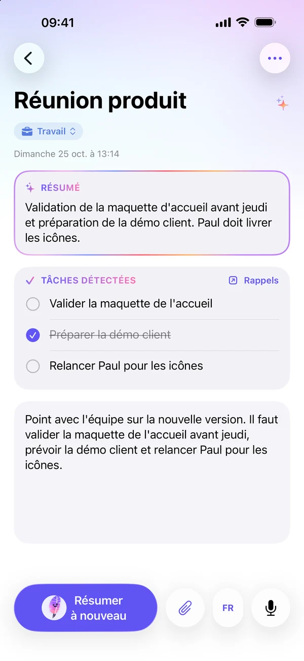 Note « Réunion produit » avec son résumé et ses tâches détectées