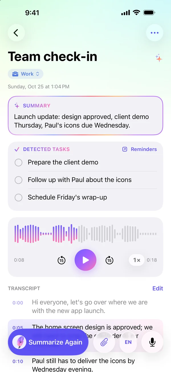 Audio memo transcribed with timestamps, then summarized