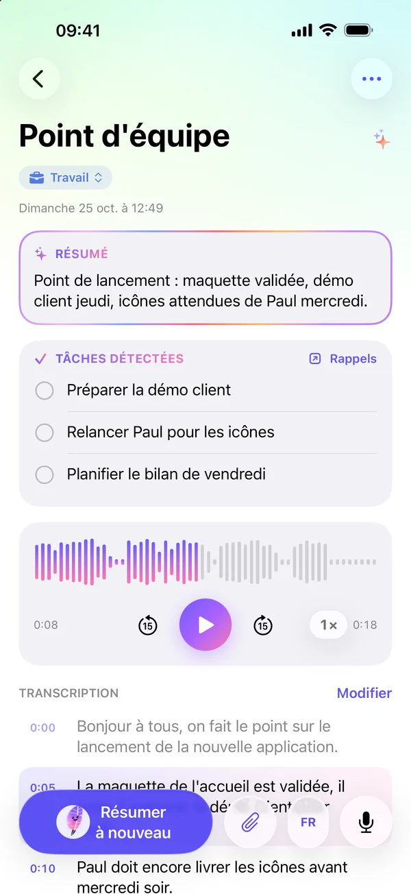 Mémo audio transcrit avec horodatage, puis résumé